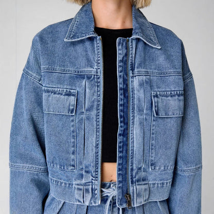Relaxed Fit Women's Zip Denim Jacket with Pockets