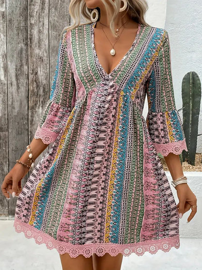 Floral V-Neck Summer Dress with Lace Trim