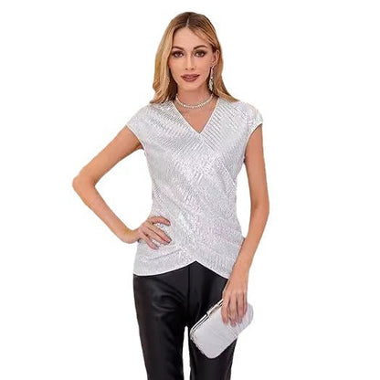 Chic V-Neck Women's Blouse with Sequins