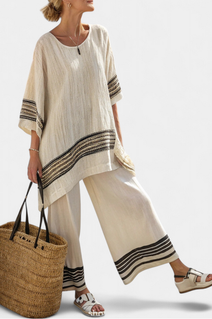 Chic Black Stripe Linen Blouse and Wide Leg Pants - Vossary