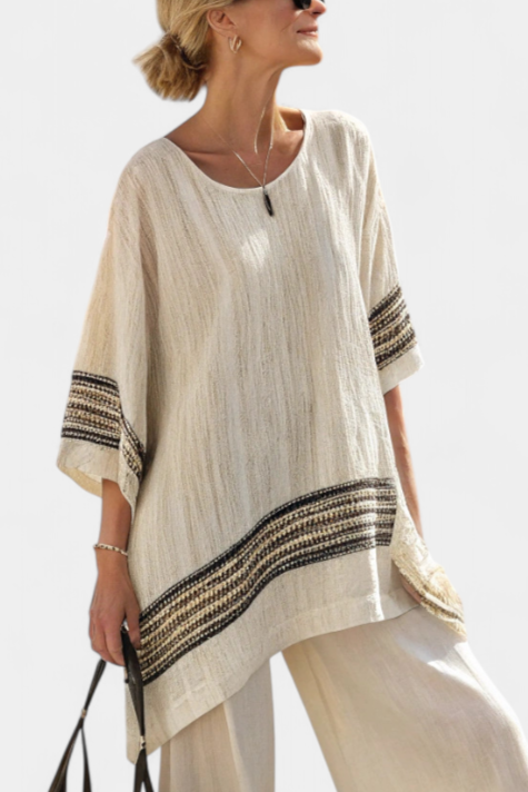 Chic Black Stripe Linen Blouse and Wide Leg Pants