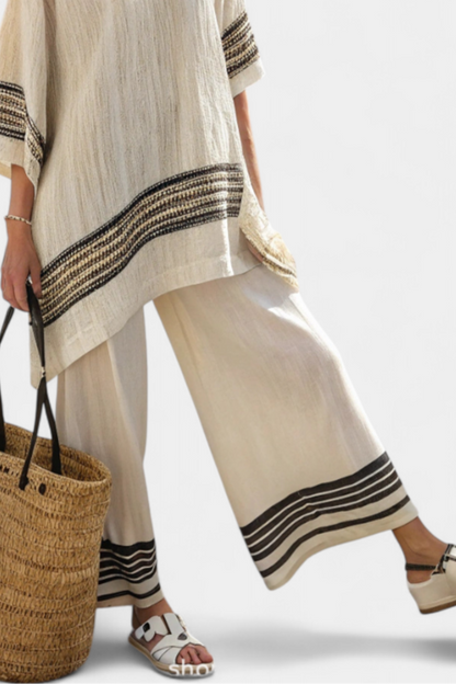 Chic Black Stripe Linen Blouse and Wide Leg Pants