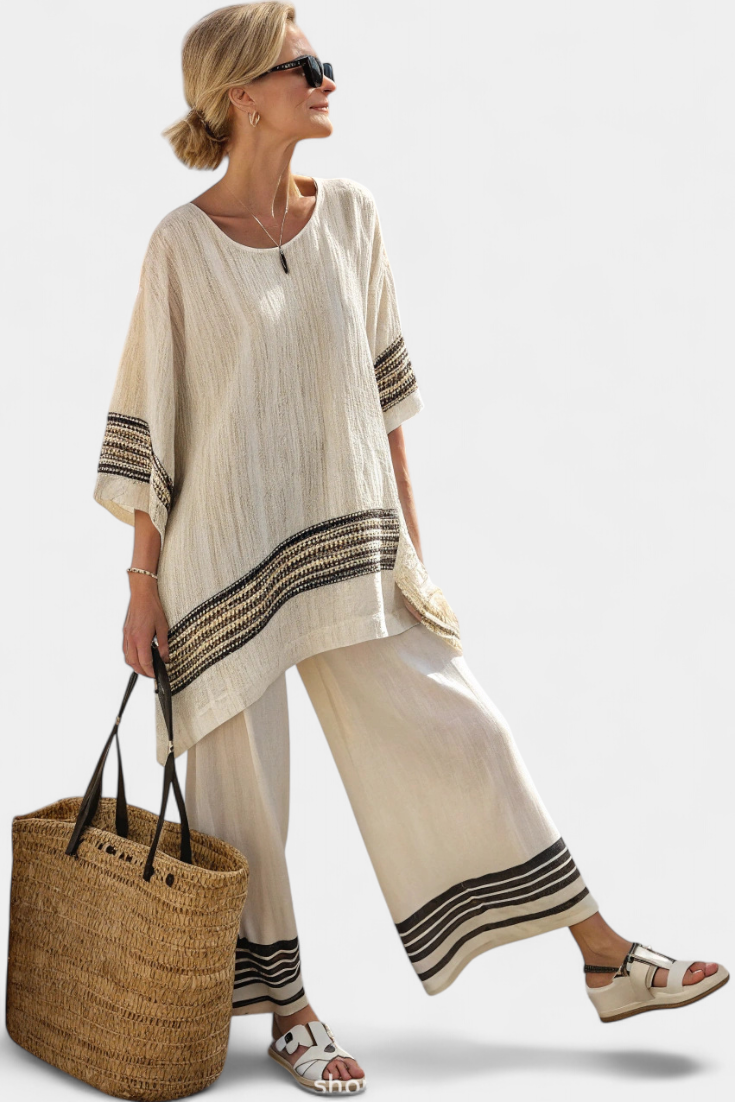 Chic Black Stripe Linen Blouse and Wide Leg Pants
