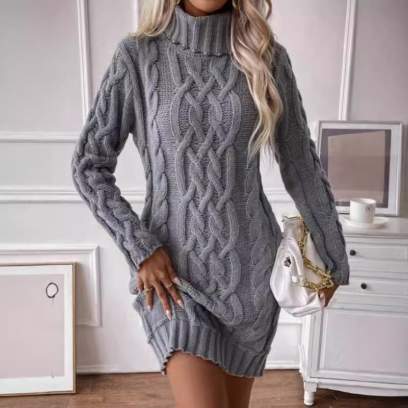 Women's Cable Knit Turtleneck Mini Dress - EasyApparels