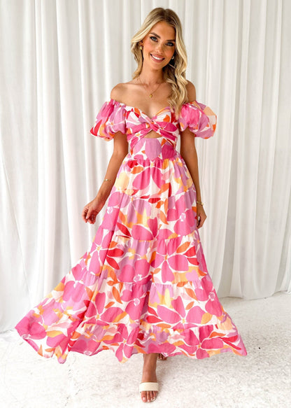 Women's Boho Off Shoulder Maxi Dress with Puff Sleeves - EasyApparels