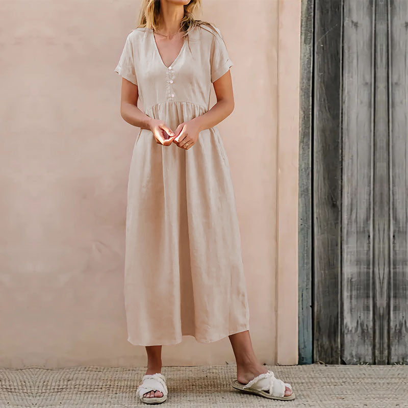 Relaxed Fit V-Neck Cotton Midi Dress - EasyApparels