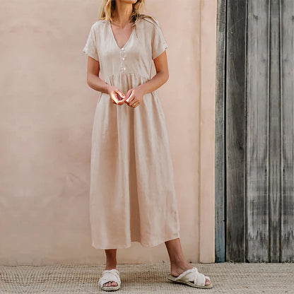 Relaxed Fit V-Neck Cotton Midi Dress - EasyApparels