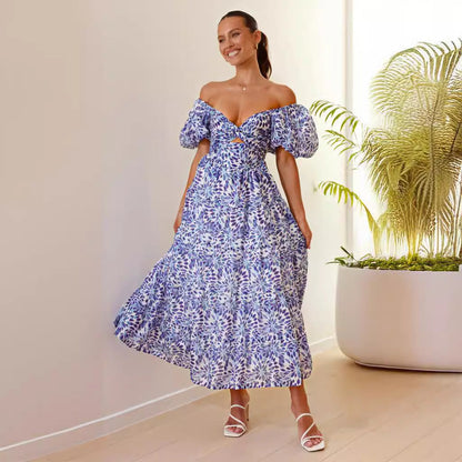 Women's Boho Off Shoulder Maxi Dress with Puff Sleeves