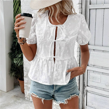 Feminine Ruffle Front Blouse with Puff Sleeves
