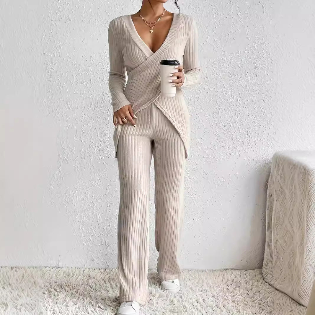 Soft Ribbed Top and Wide Leg Pants Set - EasyApparels
