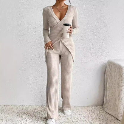 Soft Ribbed Top and Wide Leg Pants Set - EasyApparels