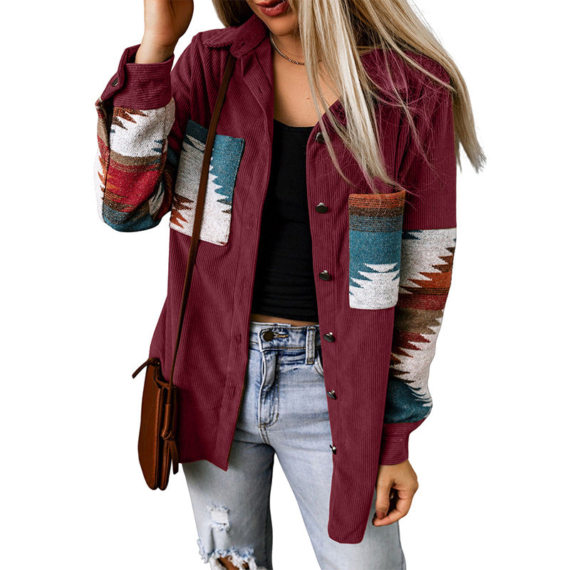 Casual Corduroy Women's Aztec Button Jacket