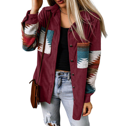 Casual Corduroy Women's Aztec Button Jacket
