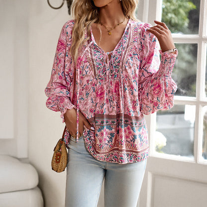 Loose Fit Women's Blouse with Long Sleeves Boho Style