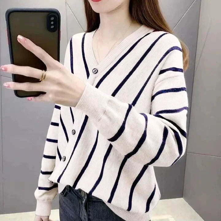 Ladies' Classic Stripe Open Cardigan Sweater - EasyApparels