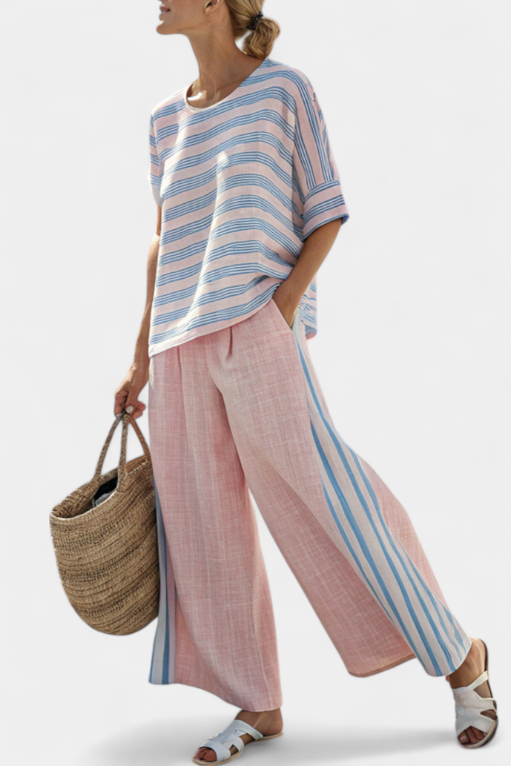 Virella | Chic Pastel Linen Top & Comfortable Trousers - Vossary