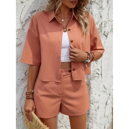 Ladies Casual Button Top and Shorts Set
