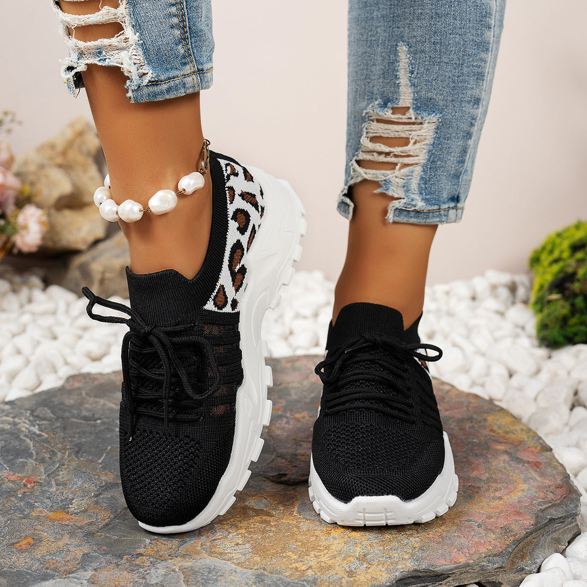 Women's Leopard Lace Up Running Shoes - EasyApparels