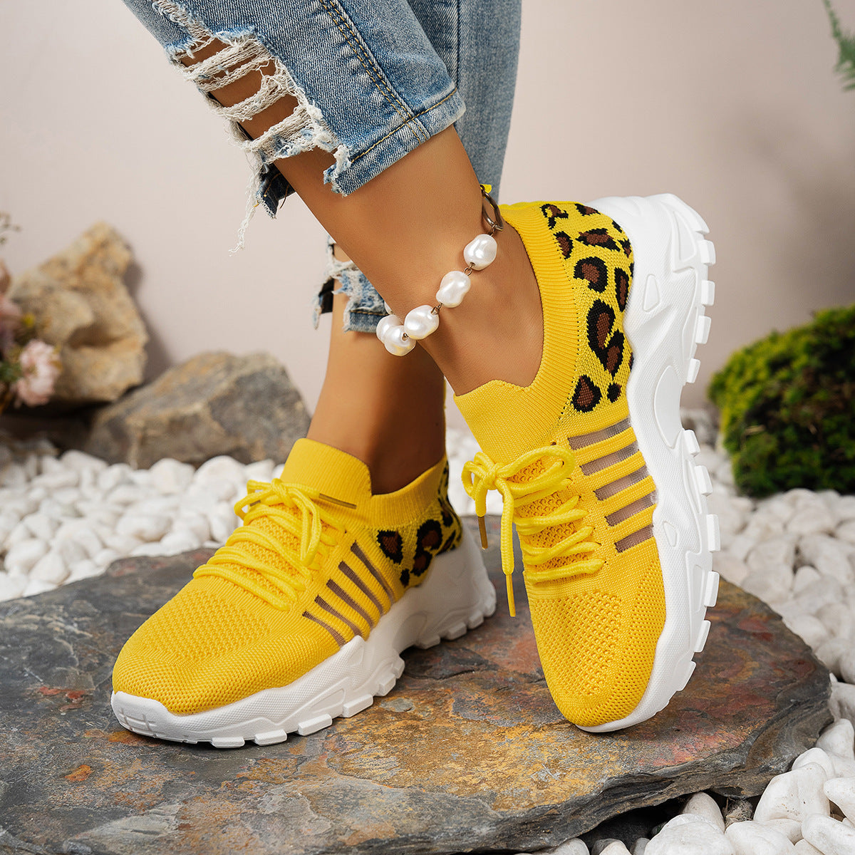 Women's Leopard Lace Up Running Shoes