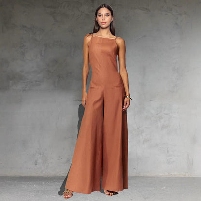 Loose Fit Women's Jumpsuit in Lightweight Natural Fabric - EasyApparels