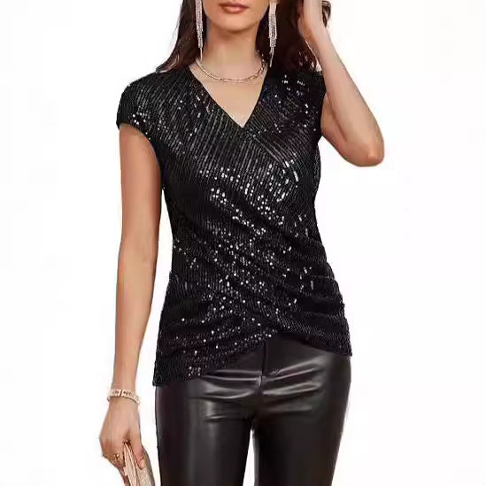 Chic V-Neck Women's Blouse with Sequins