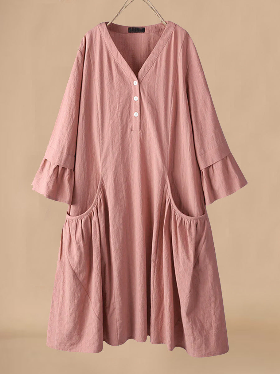 Casual Midi Dress for Women with V Neck and Pockets