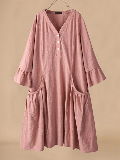 Casual Midi Dress for Women with V Neck and Pockets