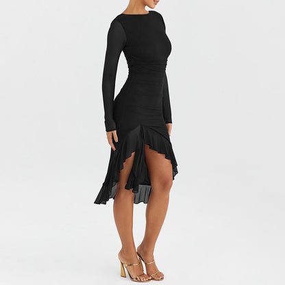 Elegant Night Gown - Fitted - Sheer Long Sleeve Dress