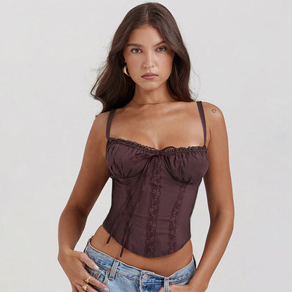 Women's Satin Cami Top with Lace Trim and Thin Straps - EasyApparels