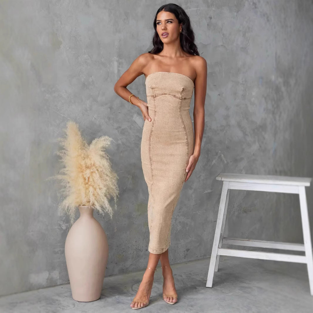 Women's Sleeveless Jean Dress - Fitted Midi Length
