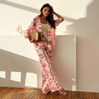 Ladies Floral Kimono Top and Loose Fit Trousers Set