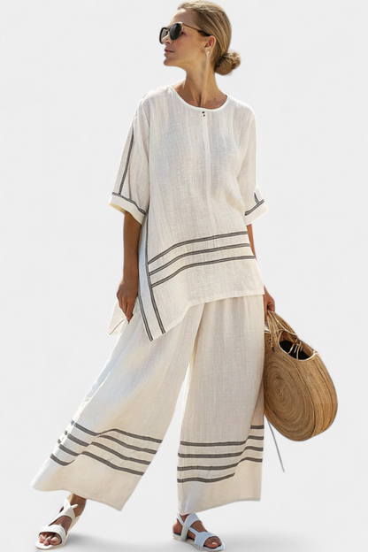 Trendy Striped Off-Center Top & Chic Pants