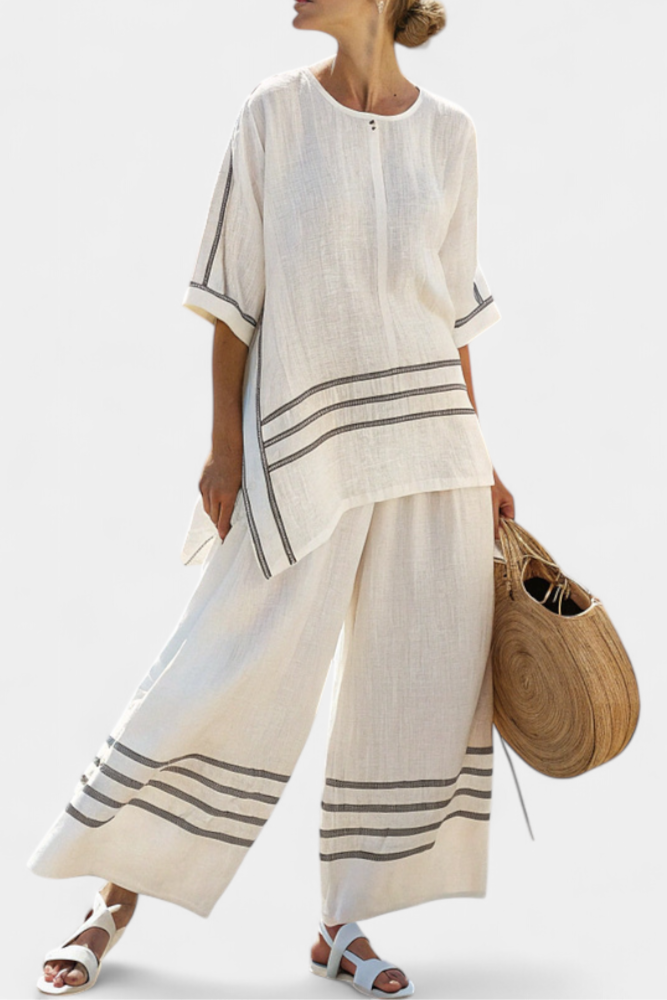 Trendy Striped Off-Center Top & Chic Pants - Vossary