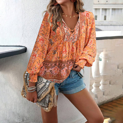 Loose Fit Women's Blouse with Long Sleeves Boho Style