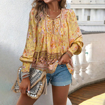 Loose Fit Women's Blouse with Long Sleeves Boho Style - EasyApparels
