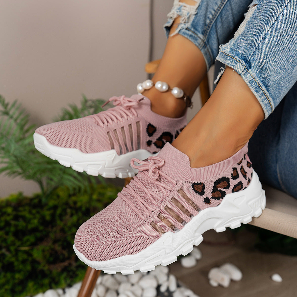 Women's Leopard Lace Up Running Shoes