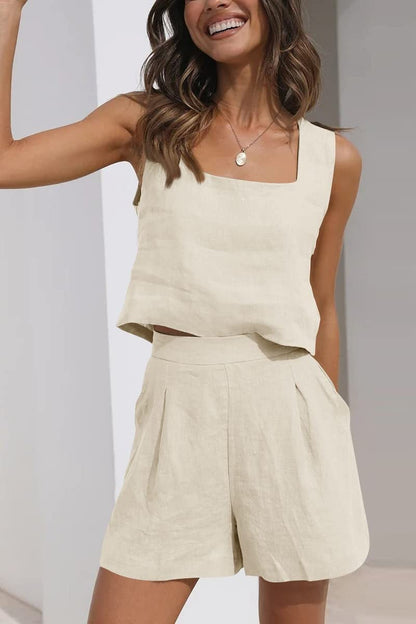 Relaxed Fit Linen Crop Top and Shorts Set - EasyApparels