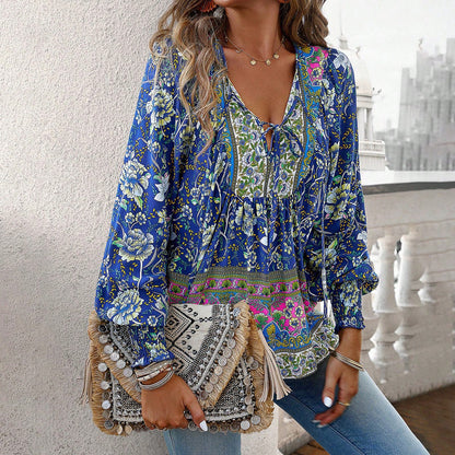 Loose Fit Women's Blouse with Long Sleeves Boho Style