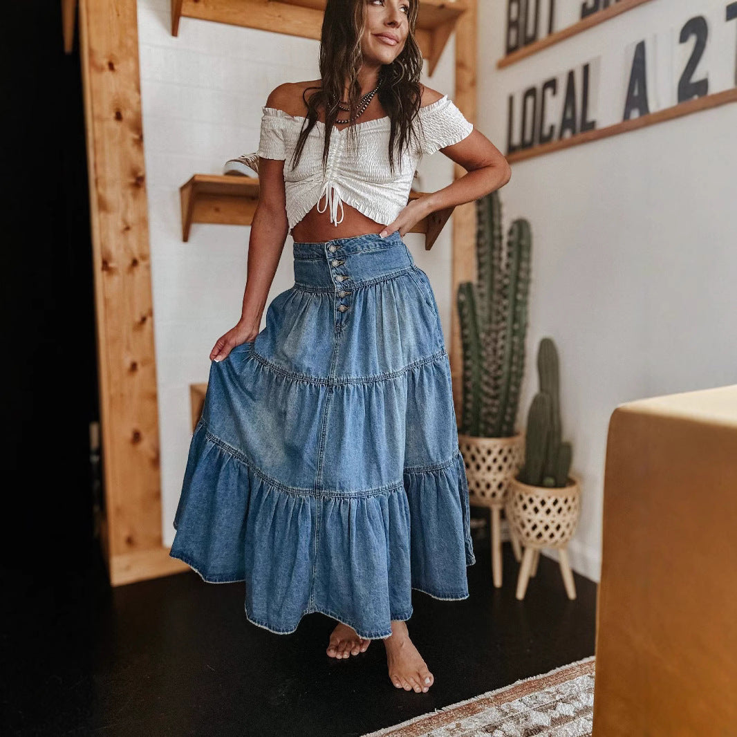 Floral Denim A-Line Women's Skirt - EasyApparels