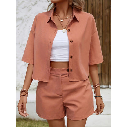 Ladies Casual Button Top and Shorts Set - EasyApparels