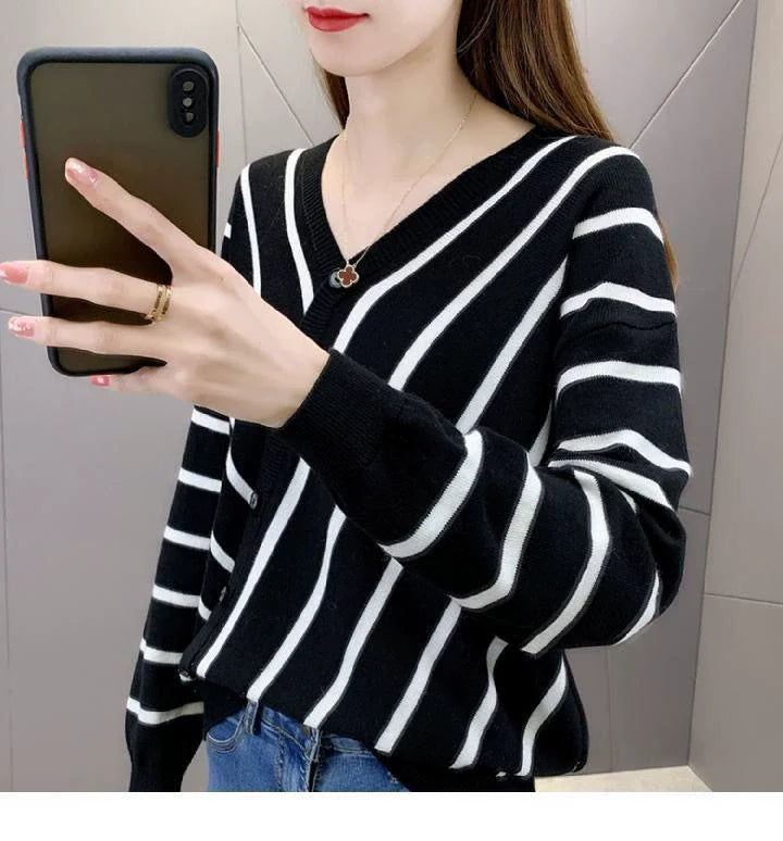 Ladies' Classic Stripe Open Cardigan Sweater