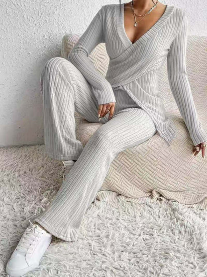 Soft Ribbed Top and Wide Leg Pants Set