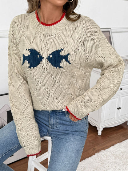 Colorful Fish Print Crew Neck Sweater