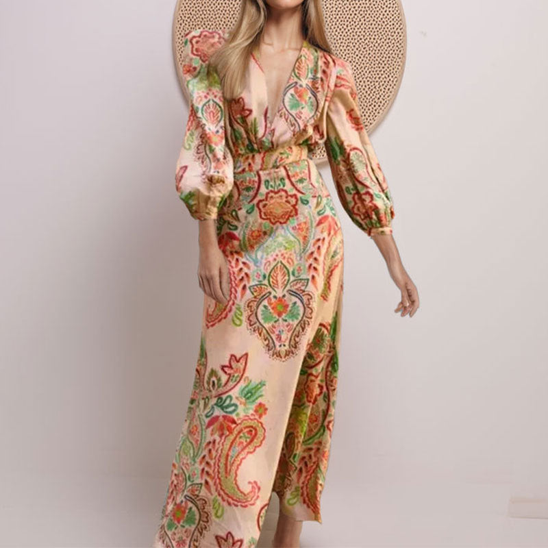 Women's Elegant V-Neck Paisley A-Line Dress