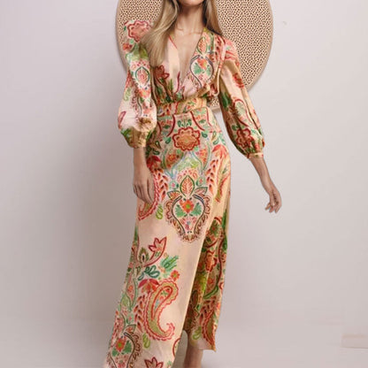 Women's Elegant V-Neck Paisley A-Line Dress