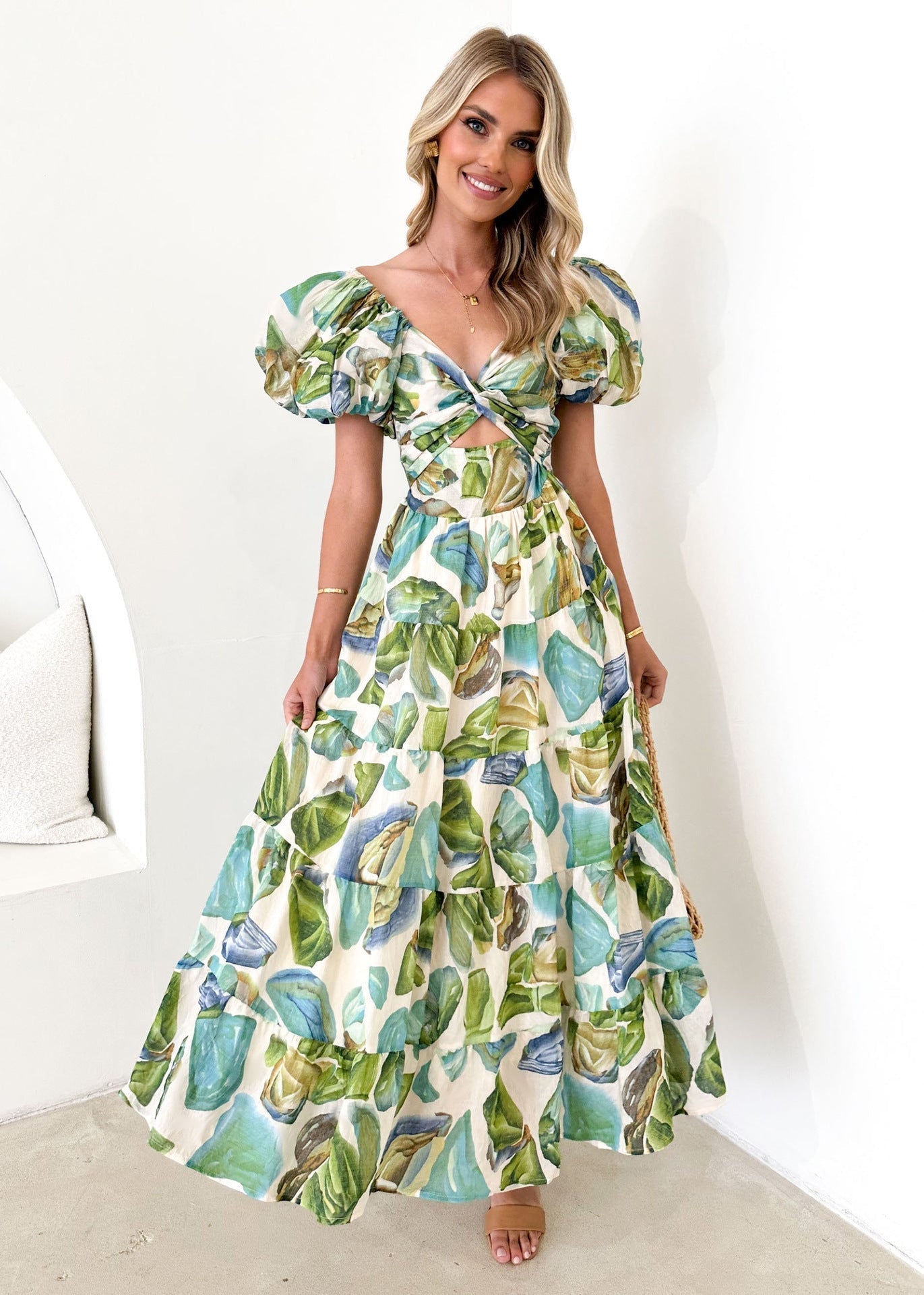 Women's Boho Off Shoulder Maxi Dress with Puff Sleeves
