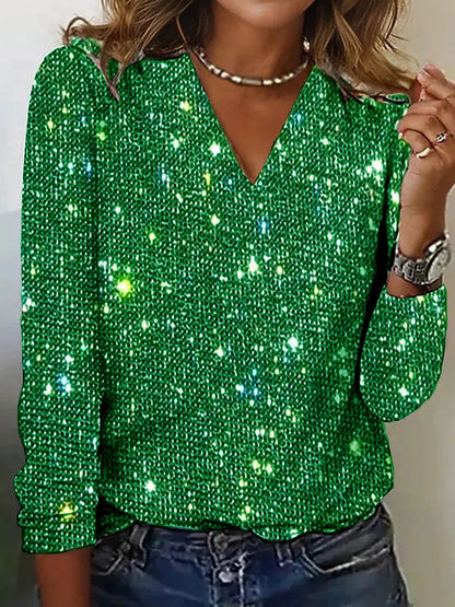 Sparkly Knit V-Neck Long Sleeve Top