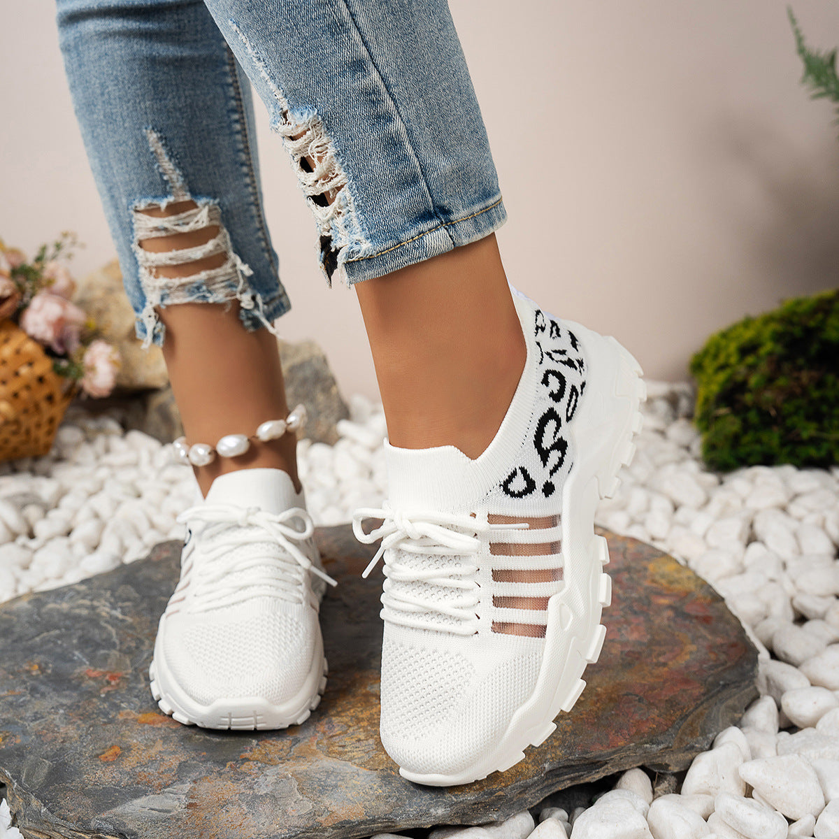 Women's Leopard Lace Up Running Shoes