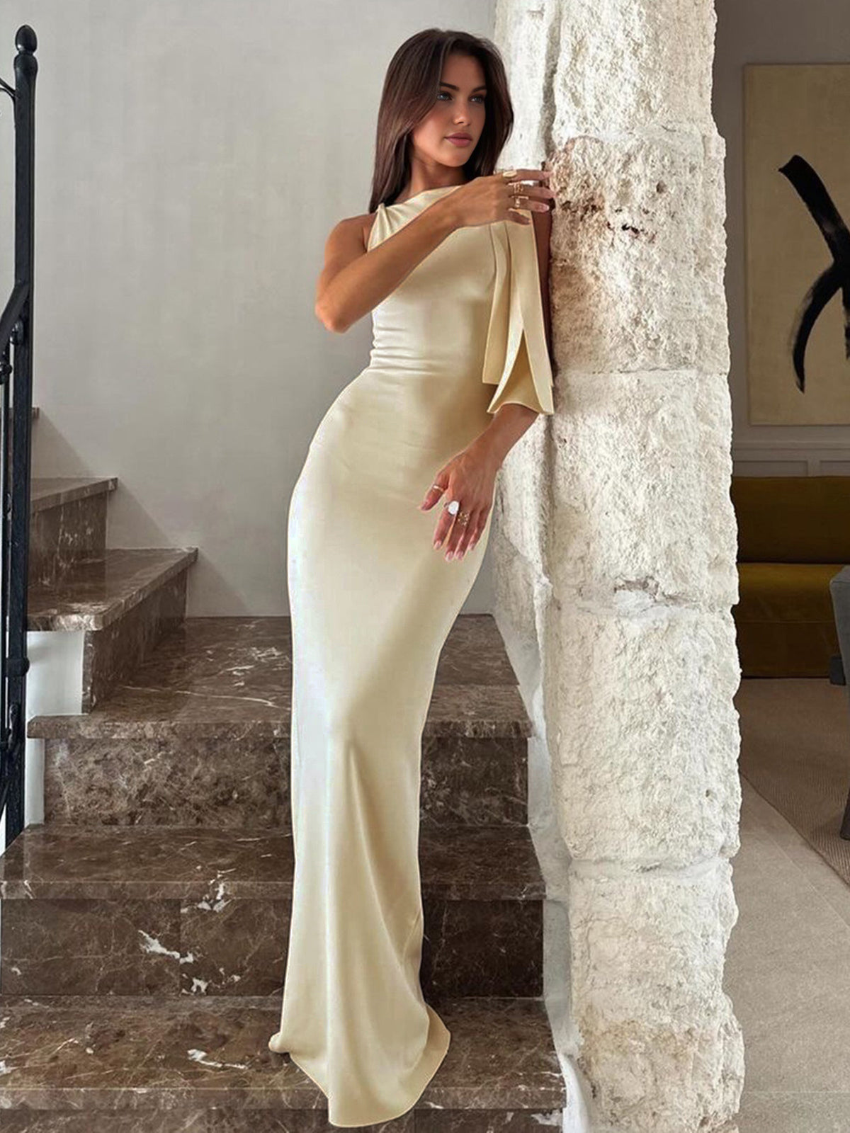 Elegant White Floor Length Dress with Knot Detail