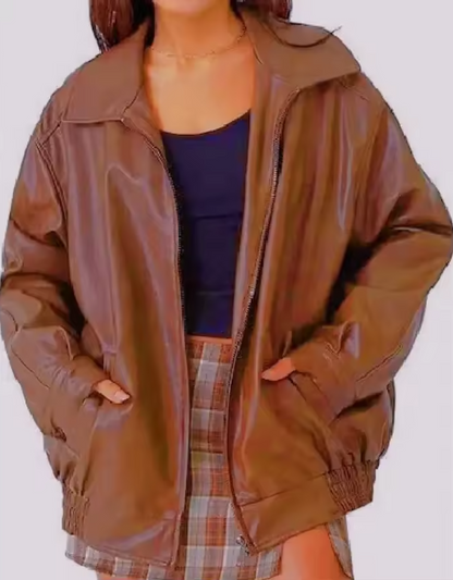 Casual Women's Leather Jacket with High Collar